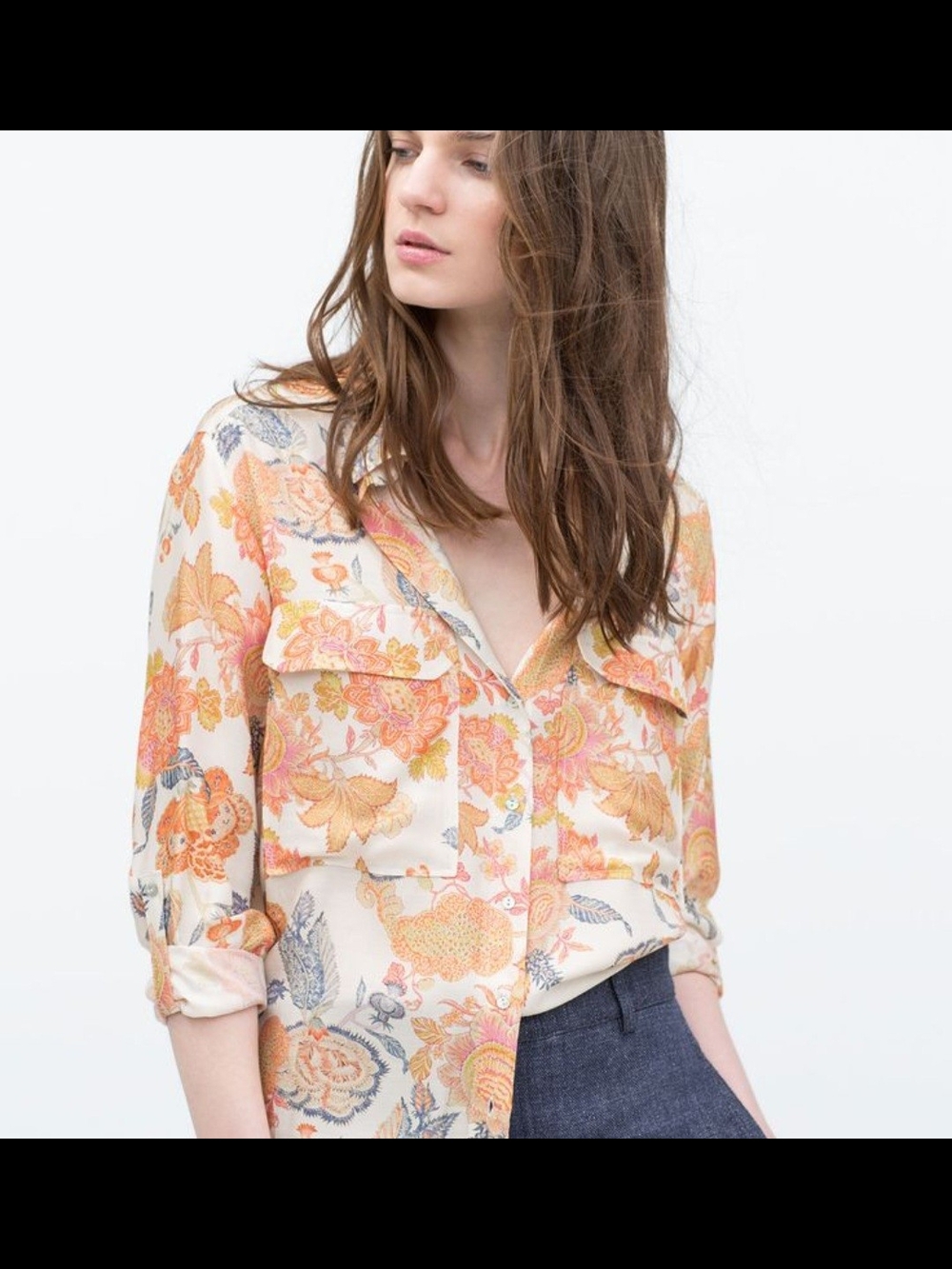 Zara Cream Floral Button-Up Novelty Blouse, Silk Blend, No Tags